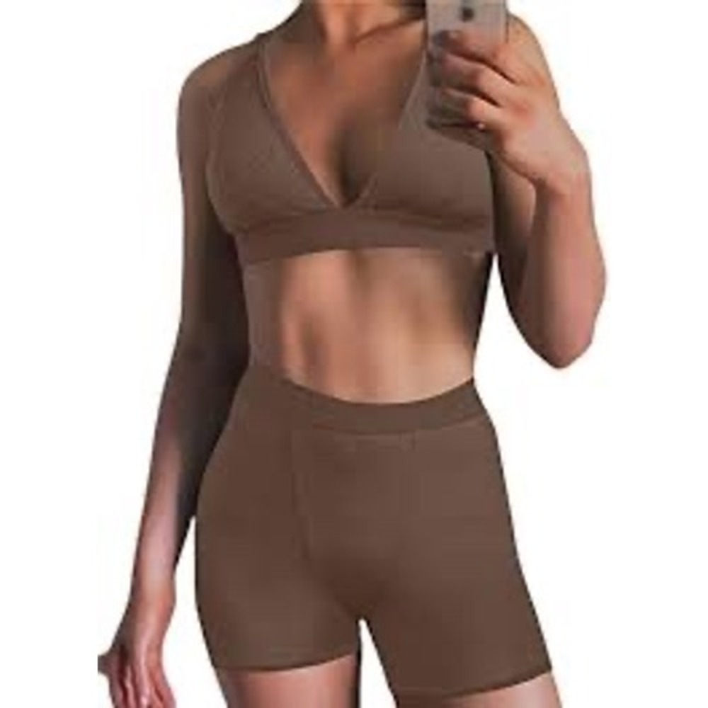 Ribbed Lounge Set Triangle Bralette and High Waisted Biker Shorts Taupe Brown